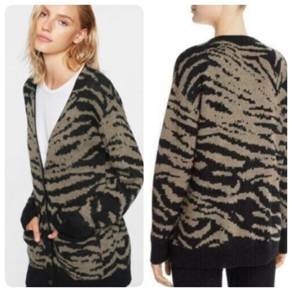 PAM & GELA  Tiger Print Oversized Cardigan Black Tan Small Sweater Wool Mohair - Picture 1 of 13